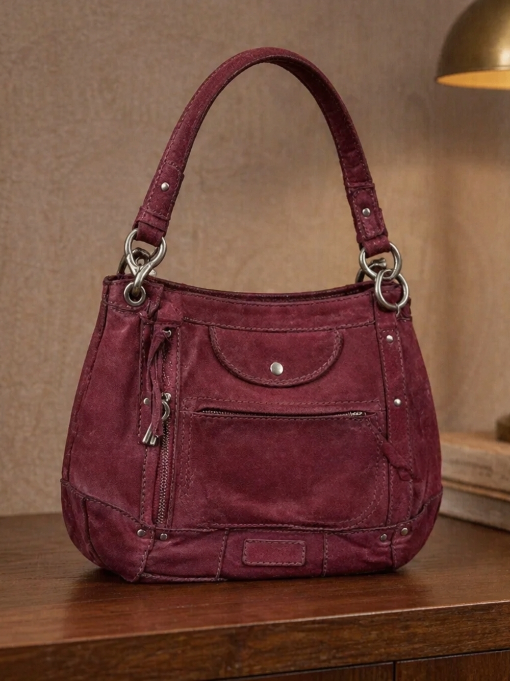 Fossil Plum Suede Shoulder Bag with Front Zips